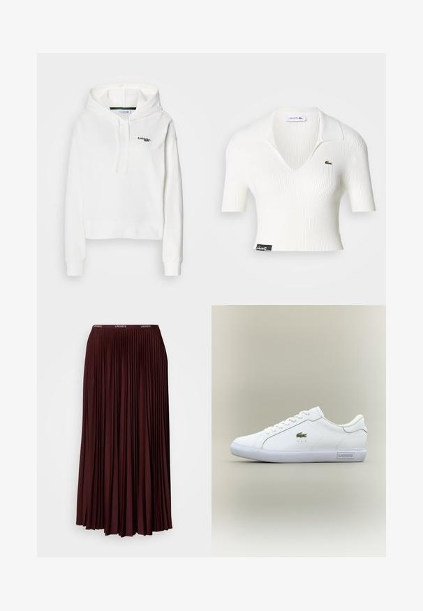 Witte hoodie van zacht stof met een kangoeroezak, trekkoord capuchon en groen geborduurd logo op de borst. Voorzien van ribgebreide manchetten.; Witte geribbelde cropped polo met een V-hals, korte mouwen en een groen Lacoste krokodil logo op de linkerborst. Zwart label aan de zoom.; Bordeaux plissé rok van zachte stof met een elastische tailleband en een subtiele logo. Volledige lengte ontwerp met verticale plooien.; Witte lage sneakers met witte veters, groen krokodillenlogo aan de zijkant en 'Lacoste'-label op de zool tegen een neutrale achtergrond.