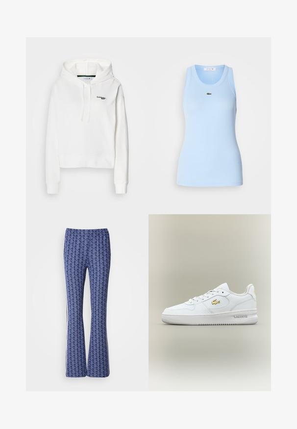 Witte hoodie van zacht stof met een kangoeroezak, trekkoord capuchon en groen geborduurd logo op de borst. Voorzien van ribgebreide manchetten.; Lichtblauwe tanktop van ribstof, met een ronde hals en een klein groen Lacoste-logo op de borst. Glad textuur.; Blauwe, gepatineerde broek met een geometrisch ontwerp, elastische tailleband en witte strepen aan de zijkanten. Glad oppervlak overal.; Witte lage Lacoste sneaker met gouden logo aan de zijkant, witte veters en rubberen zool tegen een neutrale achtergrond.