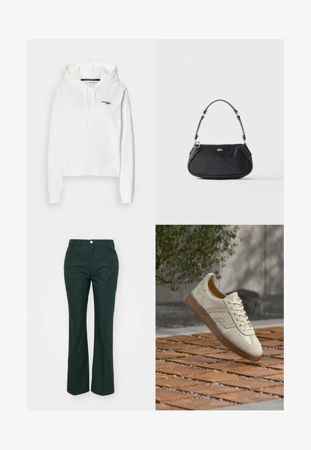 Sweatshirt blanc en tissu doux avec une poche kangourou, une capuche à cordon de serrage et un logo vert brodé sur la poitrine. Équipé de poignets côtelés.; Pantalons verts évasés en tissu lisse et structuré. Comprend une fermeture à bouton à l'avant, des passants de ceinture et deux poches latérales.; Baskets couleur crème avec une semelle extérieure en caoutchouc beige texturée, un design à lacets et un marquage subtil sur le côté. Tige en cuir lisse.; Sac d'épaule noir avec sangle réglable, fermeture éclair et petit logo crocodile argenté au centre devant.