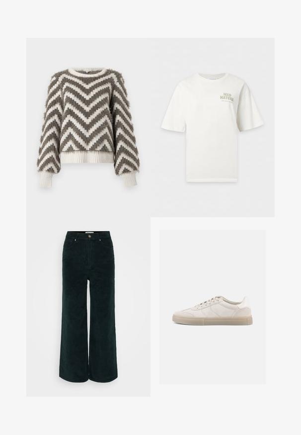 Flauschiger Pullover mit einem Zickzack-Muster in Grau und Creme. Verfügt über einen gerippten Saum und Bündchen, ein kurzes Design und einen strukturierten Stoff.; Weißes T-Shirt mit kurzen Ärmeln und dem Text "ICED MATCHA I like you so matcha" auf der oberen linken Brust.; Weite Cordhosen in Dunkelgrün, mit hoher Taille, Knopfverschluss und zwei Vordertaschen. Weiches Material mit geripptem Design.; Beige Wildleder-Sneaker mit niedrigem Profil, ausgestattet mit einer strukturierten Oberseite, tonalen Nähten und einer hellen Gummisohle. Schnürsenkel runden das Design ab.