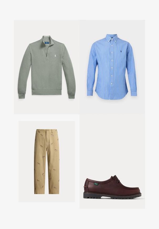 Lichtgrijze pullover met kwart rits, lange mouwen, geribde manchetten en zoom, en een klein wit geborduurd Polo Ralph Lauren-logo op de borst.; Blauw overhemd met lange mouwen met witte verticale strepen, knoopkraag en klein geborduurd logo op de linkerborst.; Beige ribfluwelen broek met geborduurde hondendesigns, rechte pijp, en vijfzakkenstijl met een knoopsluiting aan de voorkant.; Donkerbruine leren mocassin-schoen met zwarte robuuste zool en groene Polo-logo tag aan de zijkant, zijaanzicht.