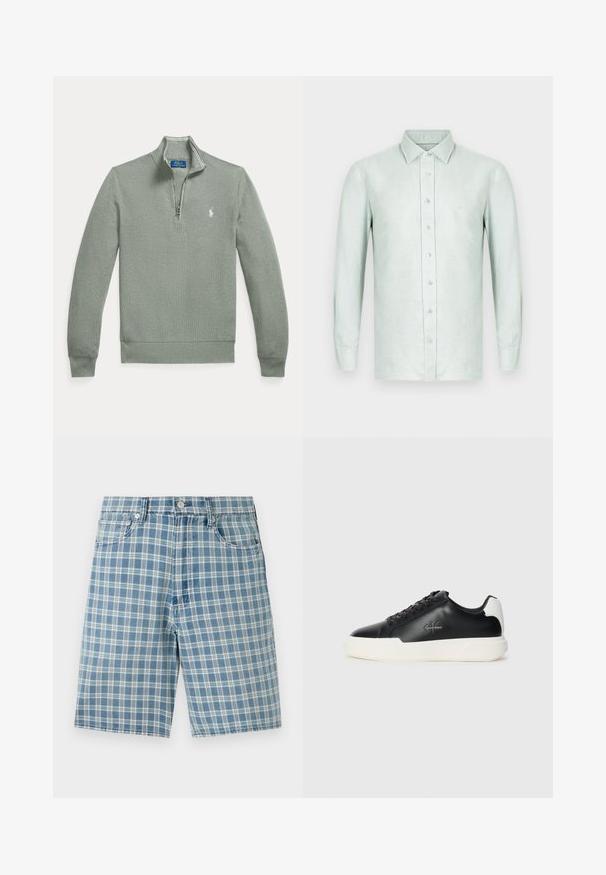 Pull-over gris clair à fermeture éclair 1/4, manches longues, poignets et ourlet côtelés, avec un petit logo Polo Ralph Lauren blanc brodé sur la poitrine.; Chemise à manches longues vert clair en lin, avec un devant à boutons, un col et un logo discret sur la poitrine gauche.; Shorts à carreaux bleu clair en tissu mélangé de coton, avec un design à cinq poches, une fermeture à bouton et une coupe décontractée. La texture est lisse et douce.; Baskets en cuir noir avec semelle en caoutchouc blanche. Présentent un bout arrondi, un design à lacets et un détail de logo sur le côté. Accent arrière en blanc.