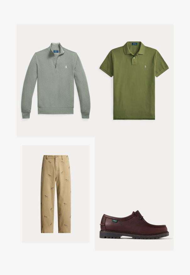 Helehall võrkjope pikkade varrukatega, soonikust mansettide ja äärega ning väike valge brodeeritud Polo Ralph Laureni logo rinnal.; Roheline lühikeste varrukatega Polo Ralph Laureni särk, millel on krae, kaks nuppu ja vasakul rinnal väike valge tikandiga logo.; Beežid sametpüksid, millel on tikitud koera mustrid, sirge säärega lõige ja viis taskut, ees käeluku trukk.; Tumepruun nahast mokasiinstiilis jalanõu musta tugevdatud tallaga ja rohelise Polo logoga sildiga küljes, näidatud külgvaates.