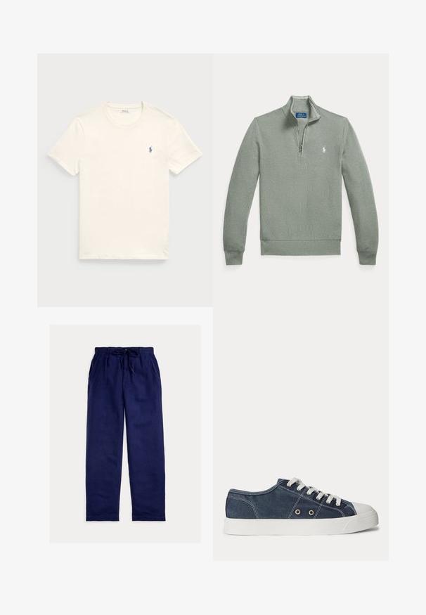 Jersey tipo pulóver de color gris claro con cremallera hasta el pecho, mangas largas, puños y bajo acanalados, y un pequeño logo bordado en blanco de Polo Ralph Lauren en el pecho.; Camiseta de algodón color crema con cuello redondo y mangas cortas. Presenta un pequeño logo bordado en azul en el lado izquierdo del pecho.; Pantalones casual azul marino con cintura elástica y cordón, con bolsillos laterales y un corte recto y relajado.; Zapatilla baja de lona en azul oscuro con suela de goma blanca, cordones blancos y ojales metálicos, mostrada de lado sobre un fondo claro.