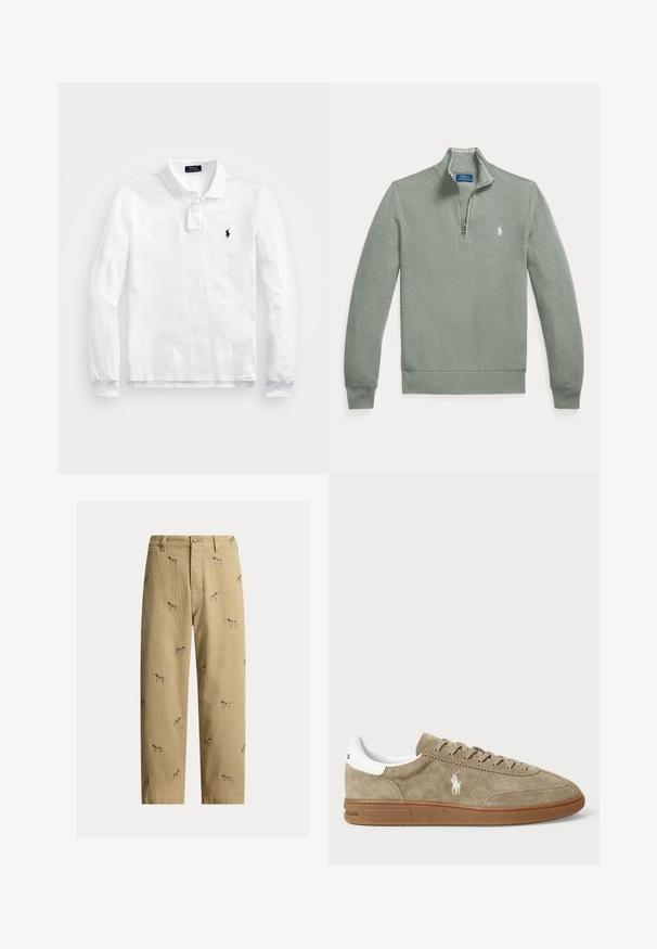 Vaaleanharmaa neljännesvetoketjullinen pusero, jossa pitkät hihat, resorit hihoissa ja helmassa sekä pieni valkoinen Polo Ralph Laurenin kirjailtu logo rinnassa.; Valkoinen pitkähiha polo paita, joka on valmistettu puuvillasta. Paita on varustettu klassisella kauluksella, kolmen napin etuhalkiolla ja tummansinisellä logolla vasemmassa rinnassa.; Beiget corduroy-housut, joissa kirjailtuja koirakuvioita, suora lahkeen leikkaus ja viiden taskun malli sekä etukappaleen napitettava kiinnitys.; Suede lenkkarit vaaleanruskeana, joissa on valkoisia yksityiskohtia, pyöreä kärki ja nauhakiinnitys. Varustettu kohokuvioidulla logolla ja kumipohjalla pidon parantamiseksi.