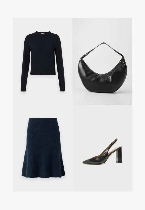 Pull-over bleu marine en tissu tricoté doux ; avec un col rond, des manches longues, et des poignets et un ourlet côtelés.; Jupe en laine marine avec une texture douce et duveteuse, en forme de A évasée, et taille ajustée, présentant un léger éclat et une ligne d'ourlet propre.; Chaussure slingback en cuir noir à bout pointu avec un talon bloc haut et une doublure intérieure beige sur un fond clair uni.; Sac à épaule en cuir noir, de forme courbée, avec une texture douce et une seule sangle; il comporte une fermeture éclair dorée et un logo discret.