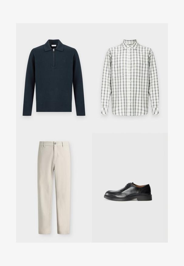 Pull-over à manches longues bleu marine foncé avec un col et une fermeture éclair à moitié zip sur le devant, présenté sur un fond clair uni.; Chemise à manches longues à boutons avec un motif à carreaux blanc, gris et noir, et une poche poitrine unique sur fond uni.; Pantalon beige clair droit avec fermeture par bouton et fermeture éclair ainsi que passants pour ceinture, présenté sur un fond blanc uni.; Chaussure de ville en cuir noir avec un bout arrondi, surface lisse, détails en dentelle et une semelle en caoutchouc texturée basse. Lignes épurées et design minimal.