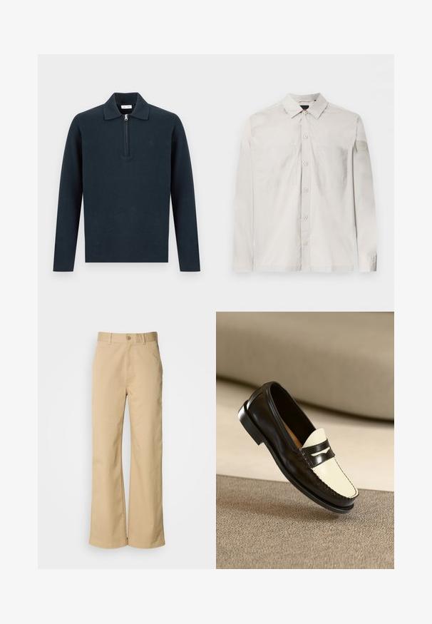 Pitkähihainen tummansininen pusero, jossa on kaulus ja puolivetoketjullinen etuosan suljenta, esillä yksinkertaisella vaalealla taustalla.; Vaaleanbeige pitkähihaiset napilliset paita, jossa on kaksi rintataskua ja pieni logoplässi vasemmassa hihassa.; Vaaleanbeige, leveät housut, jotka on valmistettu puuvillasekoitteesta. Ominaisuuksiin kuuluu nappikiinnitys ja vyölenkit. Laskeutuu sileästä kankaasta, jossa on minimaalinen ompelu.; Musta nahkainen loafer, jossa on vaniljanvärinen vamp ja mustat korostusraidat, varustettuna matalalla korolla ja yksityiskohtaisilla ompeluilla reunoilla.