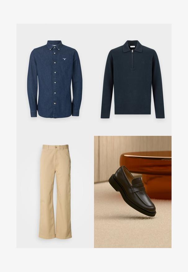Pull-over à manches longues bleu marine foncé avec un col et une fermeture éclair à moitié zip sur le devant, présenté sur un fond clair uni.; Chemise en denim bleu foncé à manches longues avec fermeture à boutons, col boutonné et logo Barbour blanc sur la poitrine gauche.; Pantalon large beige en mélange coton. Fermeture par bouton et passants de ceinture. Texture lisse, avec des détails de couture minimaux.; Mocassin en cuir noir flottant au-dessus d'un tapis beige avec des meubles arrondis marron en arrière-plan.