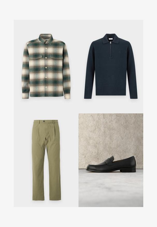 Langærmet mørkeblå pullover med krave og halv lynlås foran, vist på en ensartet lys baggrund.; Rutig skjorte i nuancer af grøn, beige og brun. Fremstillet af tekstureret stof med knaplukning foran og to brystlommer.; Olivenfarvede bukser lavet af en blanding af bomuldsstof, med en afslappet lige pasform, frontfolder og en enkelt knaplukning i taljen.; Sort lædersko i loafer-stil svæver over et beige tæppe med et blankt brunt rundt bord i baggrunden.