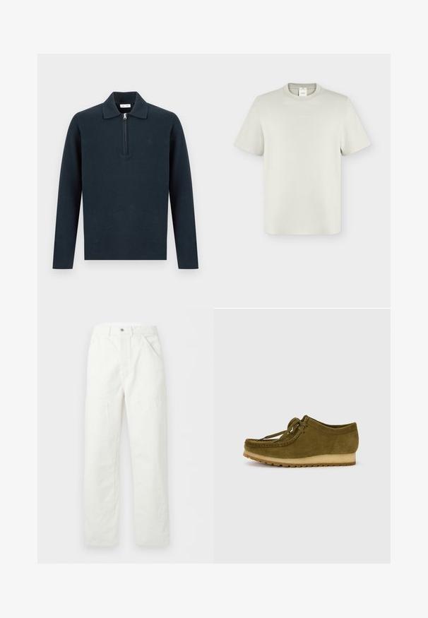 Jersey de manga larga en azul marino oscuro con cuello y cierre de media cremallera en la parte delantera, mostrado sobre un fondo claro y liso.; Camiseta de manga corta de cuello redondo en color blanco roto con pequeño logo centrado de Calvin Klein en el pecho y etiqueta visible en el interior del cuello.; Pantalones blancos de pierna recta con bolsillos frontales, trabillas para cinturón y cierre con botón en la cintura, exhibidos sobre un fondo liso.; Zapato de ante verde oliva con punta redonda, diseño de cordones y suela de goma baja y texturizada. Detalle de costura mínima a lo largo del borde.