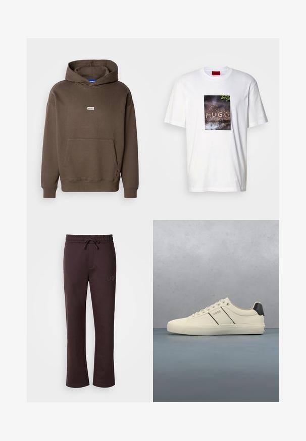 Sudadera con capucha marrón hecha de tela texturizada, que presenta un bolsillo canguro y un pequeño parche con logo en el pecho. Puños y dobladillo acanalados.; Camiseta blanca de algodón con un estampado gráfico rectangular que muestra el texto "HUGO" sobre una superficie oscura texturizada, rodeada de vegetación.; Pantalones deportivos de color marrón oscuro con cintura elástica, cordón ajustable, bolsillos laterales y el logo "HUGO" impreso en la pierna izquierda. Textura suave.; Zapatillas de color crema con una textura suave, que presentan acentos y marcas en negro. Diseño clásico de cordones con punta redonda y suela de goma.