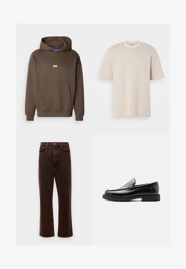 Brauner Kapuzenpullover aus strukturiertem Stoff, mit einer Kängurutasche und einem kleinen Logo-Patch auf der Brust. Gerippte Bündchen und Saum.; Beige geripptes T-Shirt mit rundem Halsausschnitt und kurzen Ärmeln, versehen mit einem sichtbaren Markenlabel in der unteren linken Ecke.; Braune Denim-Jeans mit geradem Schnitt, fünf Taschen und klassischem Knopfverschluss. Der Stoff hat eine glatte, strukturierte Oberfläche.; Schwarzer Lederloafer mit grober Gummisohle, genähter Oberseite und geprägtem Markennamen an der Ferse, seitlich auf weißem Hintergrund gezeigt.