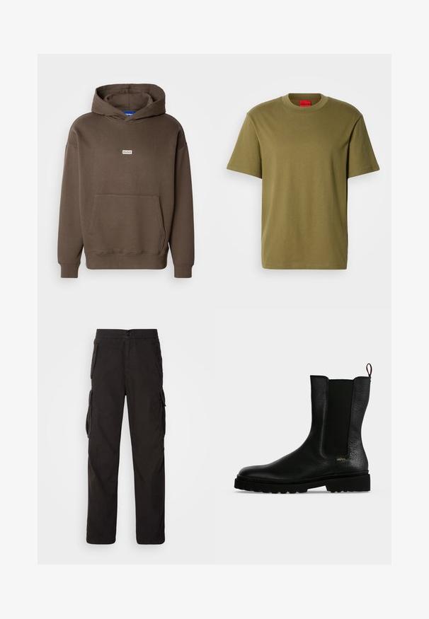 Sweat à capuche marron en tissu texturé, avec une poche kangourou et un petit patch logo sur la poitrine. Poignets et ourlet côtelés.; T-shirt en coton vert olive, col rond, manches courtes, logo "HUGO" en relief sur la poitrine, texture lisse, coupe régulière. Étiquette intérieure rouge.; Pantalons cargo noirs avec une coupe droite, une taille élastique, plusieurs poches latérales et un tissu texturé pour plus de durabilité.; Bottine en cuir noir avec un panneau latéral élastique, une semelle épaisse et une languette à l’arrière, featuring un petit logo doré "Hugo" près du talon.