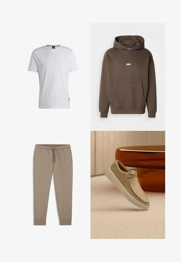 Brauner Kapuzenpullover aus strukturiertem Stoff, mit einer Kängurutasche und einem kleinen Logo-Patch auf der Brust. Gerippte Bündchen und Saum.; Weißes T-Shirt mit kurzen Ärmeln aus Baumwolle. Besitzt einen Rundhalsausschnitt und ein dezentes Markenlabel an der Seite. Glatte Textur und einfaches Design.; Beige Sweatpants mit schmal zulaufendem Schnitt, elastischem Bund, Kordelzug, gerippten Bündchen, seitlichen Taschen und dezentem besticktem BOSS-Logo am rechten Oberschenkel.; Beiger Wildleder-Sneaker mit weißer dicker Sohle und Schnürsenkeln, positioniert auf strukturiertem beigen Teppich mit rundem glänzendem braunem Tisch im Hintergrund.