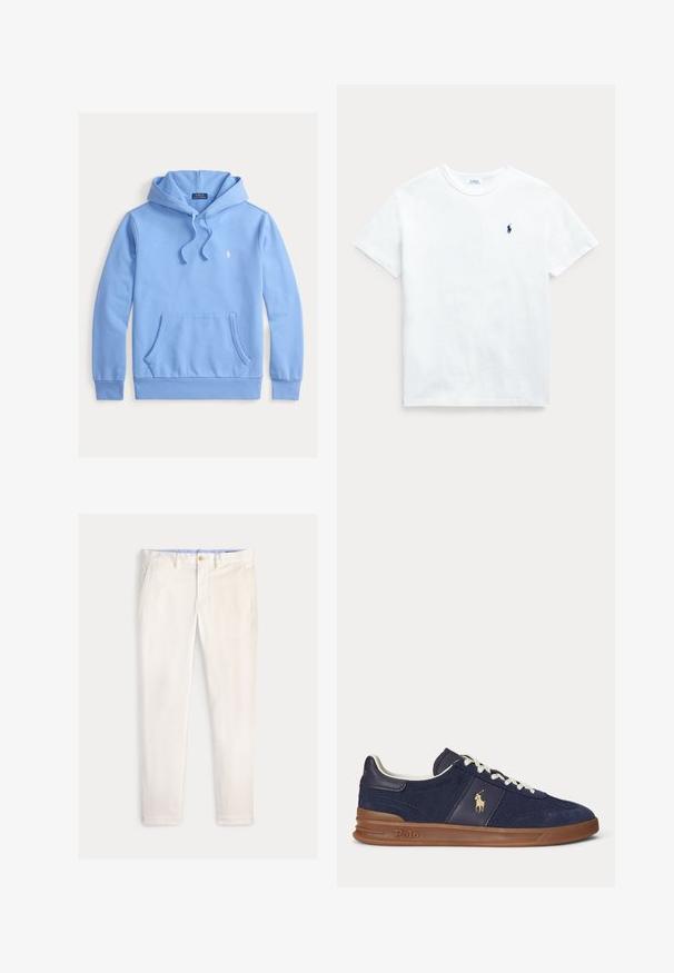 Sudadera con capucha azul claro hecha de tela suave, con un bolsillo frontal, cordones ajustables y un pequeño logotipo blanco en el pecho.; Camiseta de algodón blanca con mangas cortas, cuello redondo y un pequeño logo en azul marino en el lado izquierdo del pecho. Textura suave y corte clásico.; Pantalones ajustados para hombre en color blanco roto con bolsillos delanteros, trabillas para cinturón y cierre de botón sobre un fondo liso.; Zapatilla deportiva baja azul marino con cordones blancos, suela marrón y logo de jugador de polo en el lateral, vista desde la izquierda.