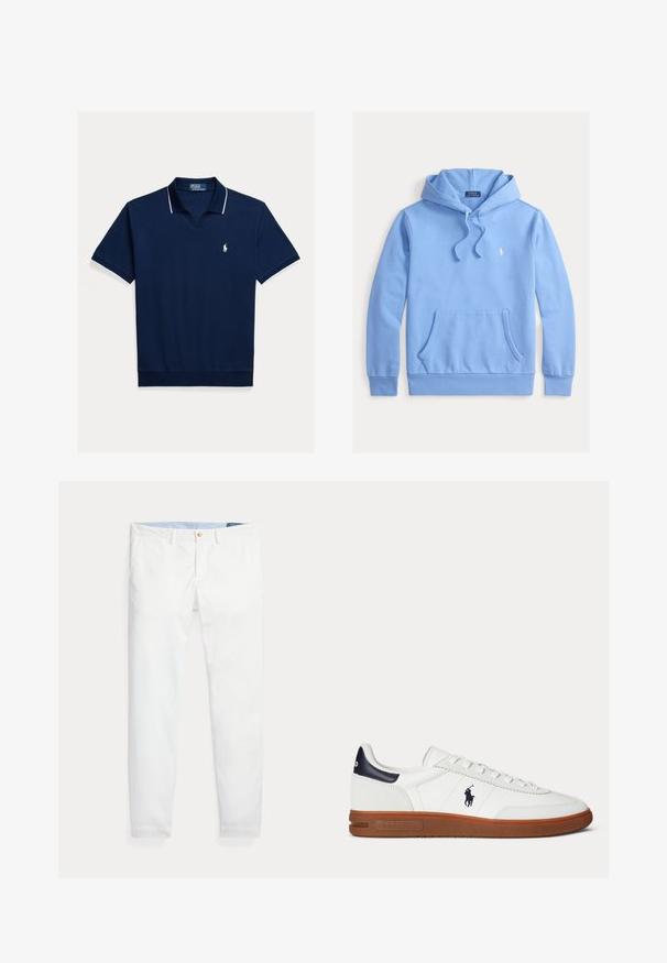 Sudadera con capucha azul claro hecha de tela suave, con un bolsillo frontal, cordones ajustables y un pequeño logotipo blanco en el pecho.; Polo azul marino de algodón, con cuello en v, mangas cortas, ribetes blancos en el cuello y las mangas, y un pequeño logo en el pecho.; Pantalones chinos de algodón blanco con un corte ajustado, que cuentan con un cierre de un solo botón dorado y una cinturilla interior azul claro. Textura lisa sin estampados.; Zapatilla blanca de corte bajo con suela marrón, parche negro en el talón, logo bordado de un jugador de polo y cordones blancos.