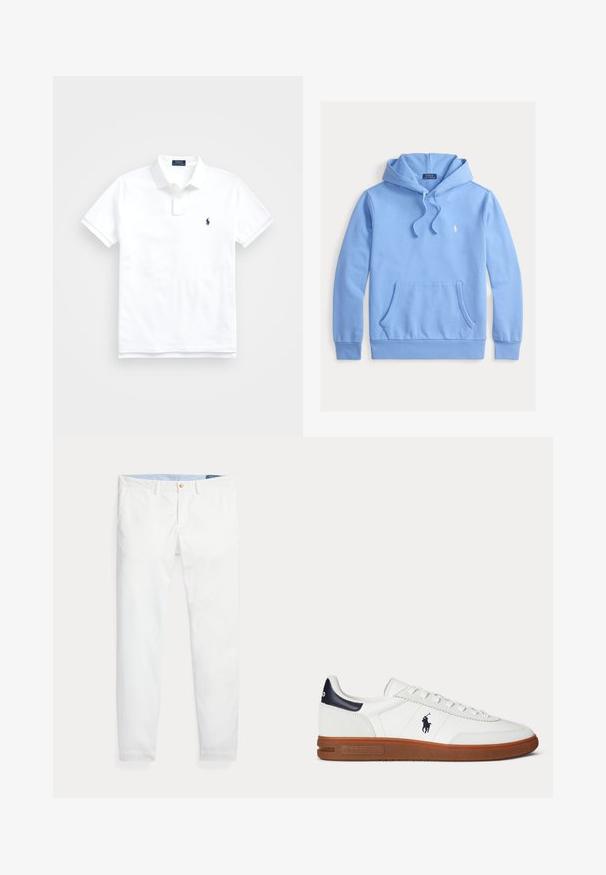 Sweat à capuche bleu clair en tissu doux, avec une poche avant, des cordons de serrage et un petit logo blanc sur la poitrine.; Polo blanc à manches courtes avec col, deux boutons et petit logo brodé bleu marine sur la poitrine gauche.; Chinos en coton blanc coupe slim, dotés d'une fermeture à un bouton doré et d'une ceinture intérieure bleu clair. Texture lisse sans motifs.; Baskets basses blanches avec semelle marron, patch noir au talon, logo brodé d’un joueur de polo, et lacets blancs.