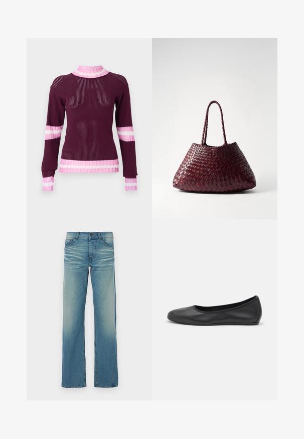Henrik Vibskov AJOUR TURTLENECK - Striktrøje - bordeaux ajour; Lyseblå denimjeans med lige ben, blegning, fem lommer og knaplukning. Synlig syning som accent.; Sort læderballetsko med rund tå, glat tekstur, minimal syning og et fleksibelt såldesign.; DRAGON DIFFUSION SANTA CROCE BIG - Håndtasker - bordo