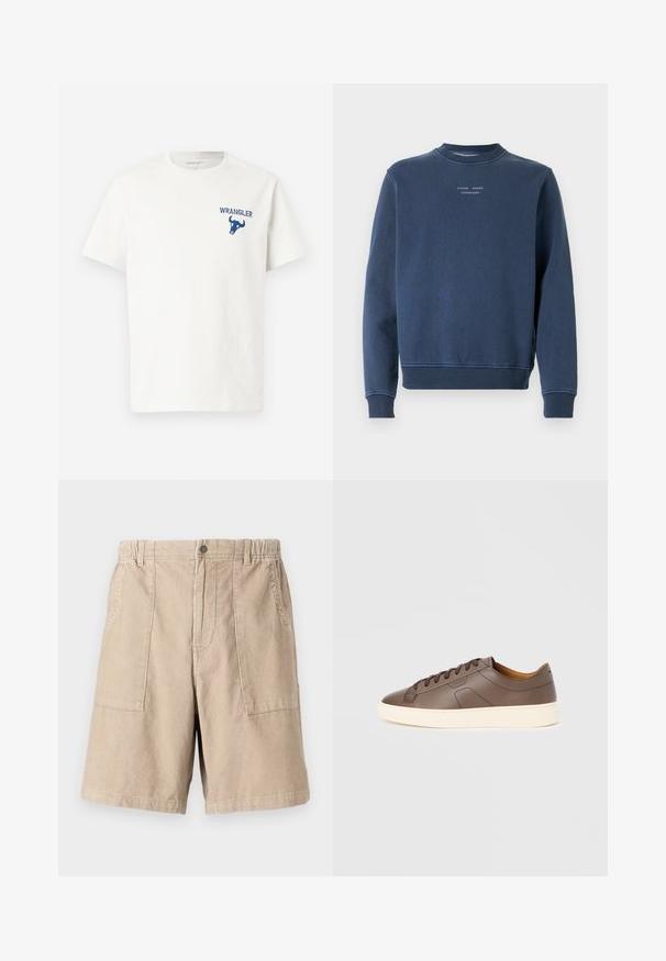 Marineblauwe sweatshirt gemaakt van textuur katoen. Heeft een ronde hals, lange mouwen en ribgebreide manchetten. Merkopdruk op de borst.; Witte katoenen t-shirt met een blauw Wrangler-logo en een stier graphic op de linker borst. Korte mouwen en ronde hals.; Beige corduroy shorts met een gestructureerde stof, twee zijzakken, een elastische tailleband en een enkele knoopsluiting.; Bruine leren sneaker met een gladde textuur, contrasterende crèmekleurige buitenzool, ronde neus en donkerbruine veters; heeft een subtiel geperst logo.