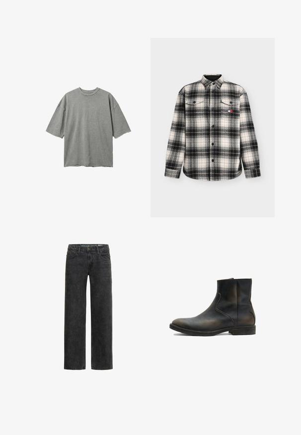 Oversized vervaagd grijs katoenen T-shirt met korte mouwen en ruwe randen aan mouwen en zoom, ronde hals, plat getoond op een witte achtergrond.; Zwart-wit geruite blouse met lange mouwen en knopen, twee borstzakken en een klein rood-wit-blauw logo op het linkerborstzakje.; Zwarte denim jeans met een ontspannen pasvorm, rechte pijpen, vijf-pocket ontwerp en een subtiele vervaagde textuur. Voorzien van een knoop- en ritssluiting.; AllSaints LANG - Lage laarzen - brown