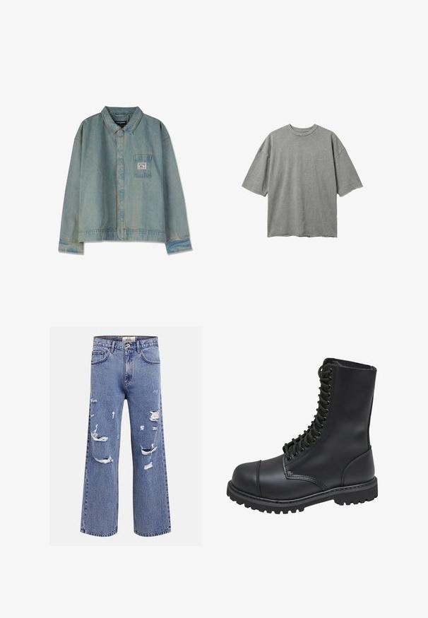 Oversized vervaagd grijs katoenen T-shirt met korte mouwen en ruwe randen aan mouwen en zoom, ronde hals, plat getoond op een witte achtergrond.; Lichtblauwe spijkerjacket met een puntige kraag, lange mouwen, borstzak en zichtbare stiksels; relaxte pasvorm en versleten textuur.; Blauwe denim jeans met wijde pijpen en meerdere gescheurde en versleten plekken op de voorkant van de dijen en knieën, knoop- en ritssluiting, en riemlussen.; Zwarte leren gevechtslaars met een hoge schacht, vetersluiting aan de voorkant, gewatteerde kraag en een stevige, gestructureerde zool voor grip. Bevat een versterkte neus.