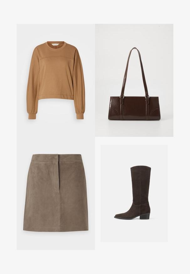 Sweatshirt court à manches longues de couleur brun clair. Fabriqué en matériau doux avec un col rond et des poignets de manches plissés. Détail de couture simple.; Jupe en suede taupe, longueur genou, avec une coupe droite et un détail de couture dissimulé à l'avant, sur fond uni.; Bottine en daim marron foncé, montante jusqu'au genou, avec un bout carré, une texture lisse et un petit talon empilé, affichant un design minimaliste et des lignes épurées.; Sac à main en cuir verni marron de forme rectangulaire, avec deux longues poignées et des accents courbés subtils à l'avant.