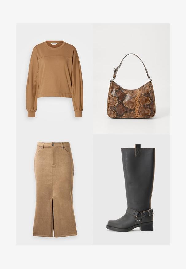 Afskåret, langærmet sweatshirt i lysebrun. Lavet af blødt materiale med en rund halsudskæring og plisserede ærmekanter. Enkel søm detalje.; Brun ruskind midi-skirt med slids foran, kontrasterende syninger og fem-lomme design. Glat tekstur og tætsiddende facon.; Sorte læderknæhøje støvler med en tekstureret overflade, der har en sidebuckle-detalje og en lav hæl. Særligt detaljeret syninger langs sømmene.; Lille håndtaske med brun og sort slangeskinn mønster, kort justerbar rem og lynlåslukning.