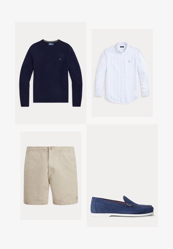 Marineblauwe trui met lange mouwen en ronde hals, met klein geborduurd logo op de linkerborst.; Overhemd met lange mouwen en knopen, lichtblauwe verticale strepen en een klein geborduurd logo op de linkerborst.; Beige korte broek van katoen met een elastische tailleband, knoopsluiting en een subtiel logoaccent. Soepele textuur, rechte snit en een op maat gemaakte uitstraling.; Blauwe suède loafer met witte zool en beige stiksels langs de bovenrand, afgebeeld tegen een effen witte achtergrond.