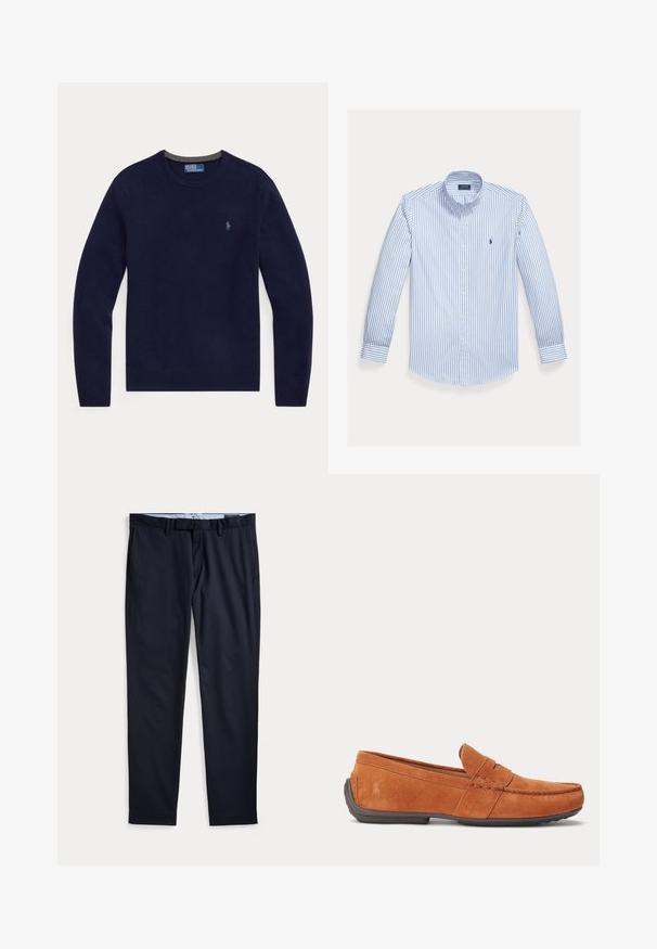 Marineblauwe trui met lange mouwen en ronde hals, met klein geborduurd logo op de linkerborst.; Lichtblauw overhemd met lange mouwen en verticale witte strepen, een button-down kraag en een klein logo op het linker borstzakje.; Donkerblauwe herenkleedbroek met ceintuurlussen, ritssluiting en zijzakken, plat gelegd op een witte achtergrond.; Bruine suède herensloffen met stikseldetails, een gleuf voor munten op het bovenwerk en een donkere rubberen zool.
