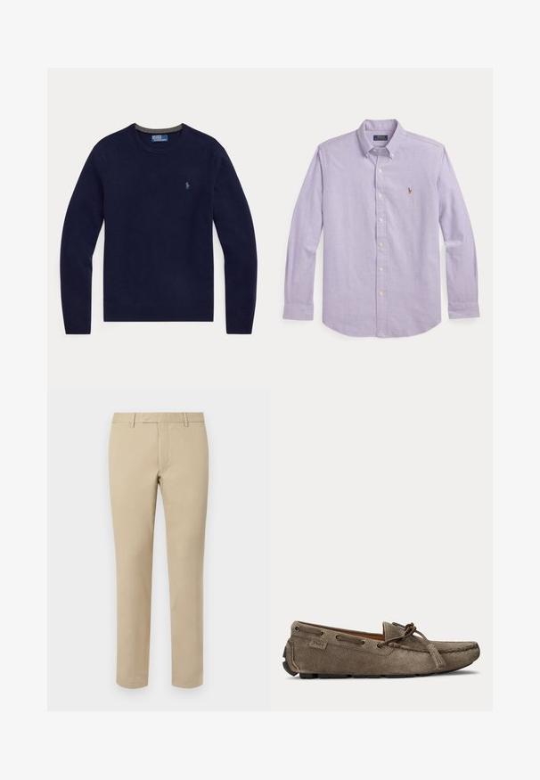Marineblå langærmet rundhalset sweater med lille broderet logo på venstre bryst.; Lyselilla langærmet skjorte med knapper foran, knappet krave og lille broderet logo på venstre bryst.; Beige bomuldsbukser med lige pasform, der har bæltesløjfer, glat front og skræddersyede søm. Glat tekstur og minimal detaljer.; Lysebrun ruskindsslipper med snøre- og duskedetalje, syet moc-tå og gummiydersål, sidevisning.