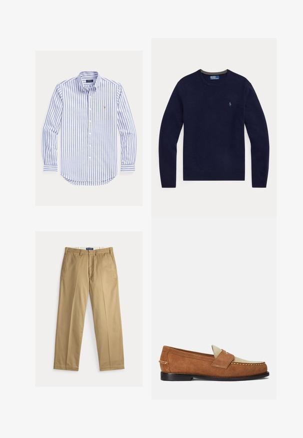 Marineblauwe trui met lange mouwen en ronde hals, met klein geborduurd logo op de linkerborst.; Blauw-wit verticaal gestreept overhemd met lange mouwen, knoopsluiting, kraag met knopen en klein geborduurd logo op de borst.; Beige chinos gemaakt van katoenen stof. Recht gesneden met een platte voorkant, twee zijzakken en een tailleband met knoopsluiting.; Polo Ralph Lauren ALSTON SUEDE PENNY LOAFER - Instappers - teak/bone