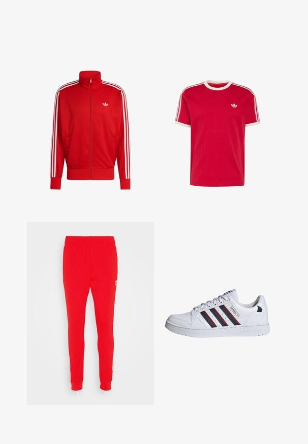 Rode mesh jas met rits en hoge kraag, witte drie-strepen accenten langs de mouwen en een logo op de linkerborst. Geribbelde boorden aan de mouwen en zoom.; Rood Adidas T-shirt met korte mouwen, witte ronde kraag en mouwranden, witte drie strepen op de schouders, klein plantengezamen-logo op de linkerborst.; Rode sportbroek van een zacht materiaal, met een slim fit, elastische tailleband en witte zijstrepen met logo detail nabij de heup.; adidas Originals Sneakers laag - white