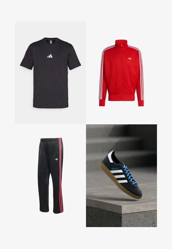Rød netjakke med lynlås og høj krave, hvide tre-stribe detaljer langs ærmerne og logo på venstre bryst. Ribstrikkede ærmekanter og kant forneden.; Sort bomulds t-shirt med korte ærmer, der har et hvidt Adidas-logo på brystet. Klassisk rund hals design.; Sorte træningsbukser med lodret ribbet tekstur, der har røde og hvide sidelommer og en lille hvid logo på venstre ben.; Sort Adidas sneaker med hvide striber, blå snørebånd og gummisål, der svæver over gråt betontrin i blødt lys.