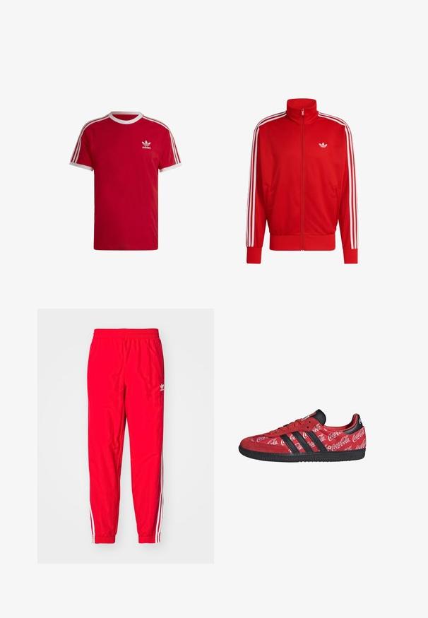 Chaqueta roja de malla con cremallera y cuello alto, detalles con tres franjas blancas a lo largo de las mangas y logo en el lado izquierdo del pecho. Puños y dobladillo acanalados.; Camiseta de algodón roja con cuello redondo de canalé blanco, con tres rayas blancas en las mangas y un pequeño logo blanco en el pecho.; Pantalones deportivos rojos con una cintura elástica, acentos de rayas blancas a lo largo de los lados y un pequeño logo blanco en el muslo izquierdo.; Zapatilla roja Adidas con rayas negras y suela, con logotipos blancos de Coca-Cola por toda la parte superior de tela.