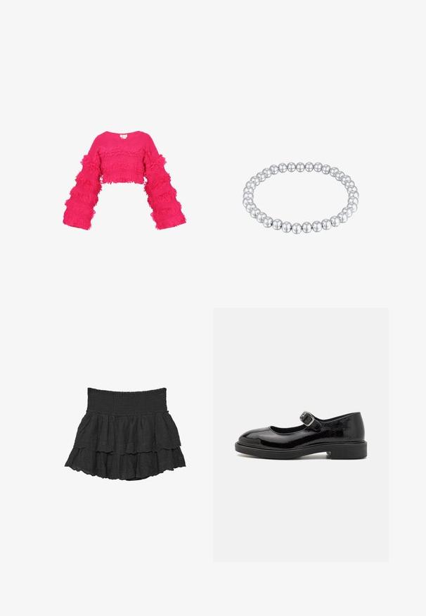 Helles pinkes, kurz geschnittenes Sweatshirt mit breiten, gerafften Ärmeln. Strukturiertes Strickmaterial mit horizontalen Fransendetails über den Körper und die Ärmel.; Schwarzer gestufter Minirock mit breitem, gerafftem Bund und bestickten Blumenmustern auf mehrlagigem Stoff.; Schwarzer Lackleder-Mary-Jane-Schuh mit runder Zehenform, verstellbarem Schnallenriemen, niedrigem Blockabsatz und glatter, glänzender Oberfläche.; Silberner, dehnbarer Armreif, der aus gleichmäßig verteilten, reflektierenden sphärischen Perlen besteht. Das Design zeichnet sich durch eine durchgehend glatte, polierte Oberfläche aus.