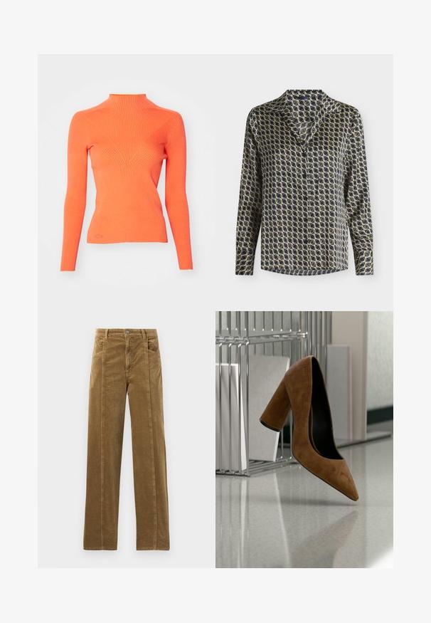 Ribattutun turtleneck-neule kirkkaassa oranssissa, jossa on pitkät hihat ja tiukka siluetti, etupuolella V-muotoiluelementti.; Pitkähihaisesti napitettava pusero, jossa on musta-, beige- ja valkoinen geometrinen ympyräkuviointi ja terävä kaulus valkoisella taustalla.; Ruske kordura-housut suoran lahkeiden muotoilulla, joissa on etutaskut ja näkyvät ompeleet saumoissa. Tekstuuri on kapea, jossa on poikkiraitaa.; Ruskea mokkanahkainen korkeakorkoinen kärkikärkinen kenkä roikkuu ilmassa lähellä metallista tiedostojärjestäjää kiiltävällä pinnalla.