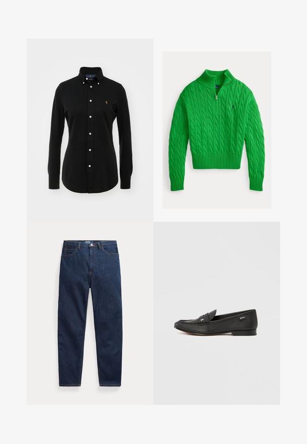 Groen kabelgebreide trui met een hoge kraag en een kwartrits. Heeft geribbelde zoom en manchetten, met een klein logo op de borst.; Zwarte longsleeve shirt van katoen met een button-down kraag, voorzien van witte knopen en een klein geborduurd logo op de borst.; Donkerblauwe denim jeans met vijf zakken, knoopsluiting en rechte pijpen, plat gelegd op een witte achtergrond.; Zwarte leren loafer met gestructureerde afwerking, penny-keeper detail, slank profiel, subtiele branding aan de zijkant en lage, platte hak.