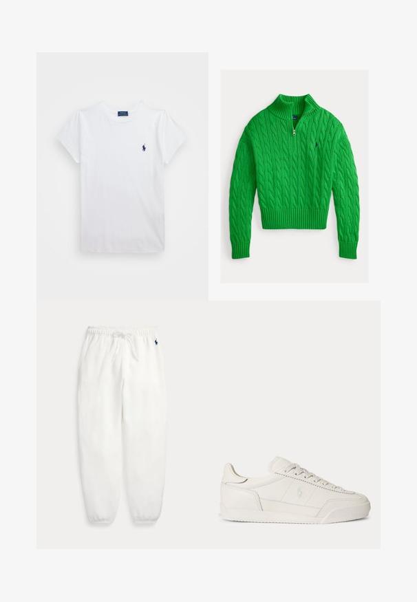 Grøn sweater med kabelstrik, høj krave og kvart lynlås. Har ribstrikket kant og manchetter samt et lille logo på brystet.; Hvid bomulds T-shirt med korte ærmer, der har et lille marineblåt logo på venstre bryst. Enkel design med rund hals.; Hvide sweatpants med elastisk linning, snøre og elastiske manchetter, med lille mørkeblå broderet logo på venstre hofte.; Hvid lavtopet lædersneaker med snørebånd, tekstureret sål og subtilt logo på siden, vist i sideprofil mod en ensfarvet baggrund.