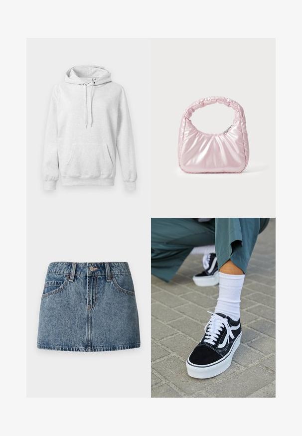 Lichtgrijze hoodie van een zachte katoenmix, met een buidelzak, trekkoordcapuchon en geribde manchetten en zoom. Glad textuur, casual ontwerp.; Denim mini-jurk in een medium blauwe wash, met een aansluitende taille, voorzakken en subtiele stiksels. Glad, gestructureerd stoffenafwerking.; Zwarte suède sneaker met witte accenten en veters, uitgerust met een dikke witte zool en contrasterende stiksels, gecombineerd met een witte sok.; Roze, gevoerde handtas met een afgeronde vorm, gemaakt van glanzend materiaal. Beschikt over een geplooide handgreep en een ritssluiting voor veilige toegang.