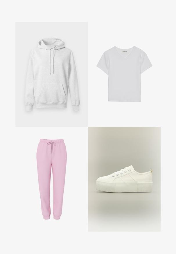Sudadera gris claro hecha de una suave mezcla de algodón, que presenta un bolsillo canguro, capucha con cordones y puños y dobladillo de canalé. Textura suave, diseño casual.; Camiseta blanca de manga corta y cuello en V, hecha de tela acanalada. Presenta un diseño limpio con un dobladillo recto y un detalle mínimo.; Pantalones de chándal tipo jogger rosa claro con cinturilla elástica, cordón ajustable, bolsillos laterales y puños elásticos, mostrados sobre un fondo blanco.; Zapatilla de plataforma blanca con suela gruesa y texturizada, cordones delanteros y detalles sutiles de costura sobre un fondo neutro.