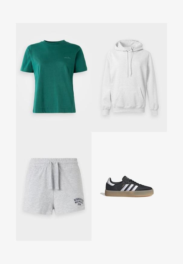 Sudadera gris claro hecha de una suave mezcla de algodón, que presenta un bolsillo canguro, capucha con cordones y puños y dobladillo de canalé. Textura suave, diseño casual.; Camiseta verde de manga corta, hecha de una tela suave, con escote redondo y un sutil acento de logo en la parte delantera.; Pantalones cortos de algodón gris claro con cintura elástica y cordón, con texto "Minnesota Midwest USA" en la parte inferior de la pierna derecha.; Zapatilla deportiva de cuero negro con tres rayas plateadas, punta texturizada y suela de goma. Cuenta con un collar acolchado y un diseño con cordones.