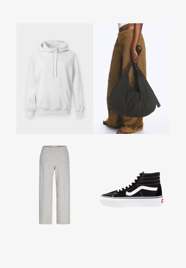 Helle graue Kapuzenjacke aus weichem Baumwollmix, mit Kängurutasche, Zugkordelkapuze und gerippten Bündchen und Saum. Glatte Textur, lässiges Design.; Hellgraue Sweatpants mit geradem Bein, elastischem Bund und kleinem weißen Logo am oberen Oberschenkel.; Schwarze High-Top-Sneaker mit weißen Schnürsenkeln, einem weißen Logo und kontrastierendem weißen Nähten. Verfügt über eine dicke weiße Sohle und ein strukturiertes Wildleder-Obermaterial.; Person trägt braune weite Hose und weißes Oberteil und hält eine große schwarze weiche Handtasche an der Seite am Trageriemen.