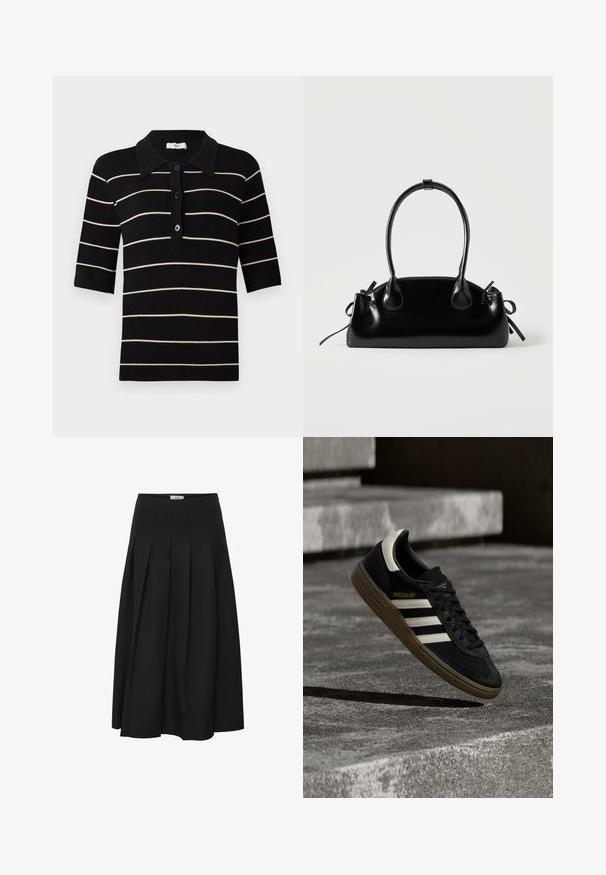Polo shirt rayé noir et crème à manches courtes, avec boutons sur le devant et col en côte. Fabriqué en tissu tricoté avec une texture lisse.; Jupe midi plissée noire en tissu lisse. Elle présente une taille haute et une silhouette fluide avec des plissés soigneusement cousus.; Baskets Adidas noires avec des bandes blanches et une semelle en gomme flottant au-dessus d'escaliers en béton gris sous une lumière naturelle.; Petit sac à main noir brillant avec deux longues anses et des détails à cordon sur les côtés sur un fond clair uni.