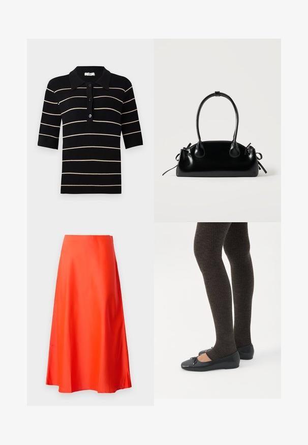 Sort og creme-stribet polo skjorte med korte ærmer, knaplukning foran og ribbet krave. Fremstillet af strikket stof med en glat overflade.; Rød satin midi-nederdel med en glat tekstur, A-line silhuet og en subtil flare ved kanten. Ingen synlige mønstre eller pynt.; Ben iført mørke ribbede leggings kombineret med sorte balletsko med små sløjfedetaljer på hvid baggrund.; Lille sort blank håndtaske med to lange håndtag og snøre-detaljer i siden på en ensfarvet lys baggrund.