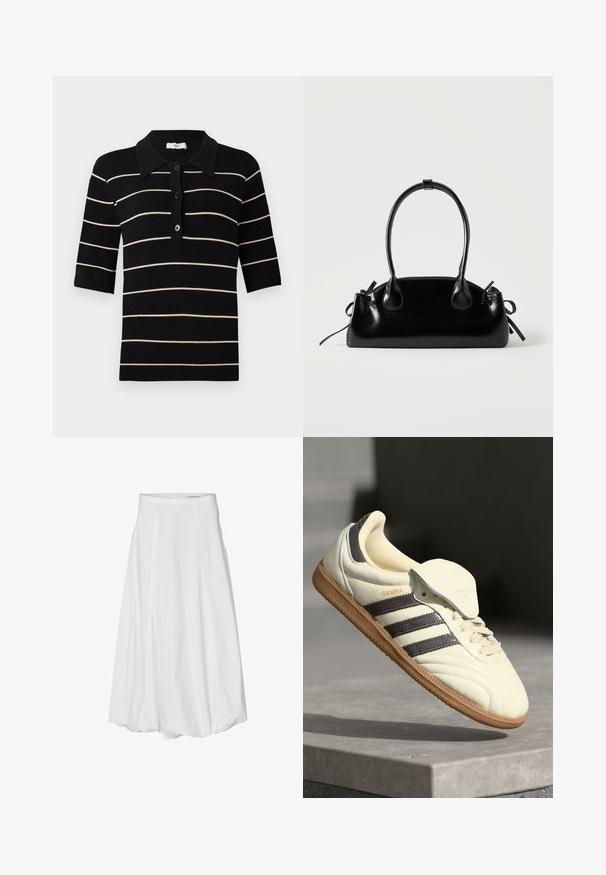 Schwarz-weiß gestreiftes Poloshirt mit kurzen Ärmeln, Knopfleiste und geripptem Kragen. Hergestellt aus gestricktem Stoff mit glatter Oberfläche.; Weißer knielanger Rock aus glattem Baumwollmaterial, mit Falten, einem taillierten Bund und einem Reißverschluss auf der Rückseite.; Cremfarbene Ledersneaker mit drei dunklen Streifen, einer braunen Gummisohle und einer abgerundeten Zehenpartie. Hat eine faltbare Zunge, die mit "SAMBA" beschriftet ist.; Kleine schwarze glänzende Handtasche mit zwei langen Griffen und seitlichen Kordelzug-Details vor einfachem hellem Hintergrund.