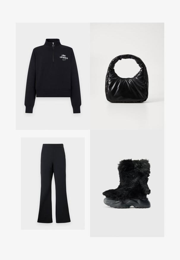 Zwarte cropped sweatshirt met lange mouwen en halve ritskraag, met witte tekst "nike athletics" en swoosh-logo op de linkerborst.; Zwarte flared broeken van zachte stof met een elastische tailleband en een discrete zijzakdetail, met een gladde textuur en minimalist ontwerp.; Zwarte harige enkelboot met een textuur bovenwerk, uitgerust met een dikke zwarte rubberen zool en een geprofileerd patroon voor grip en stabiliteit.; Zwarte gevoerde handtas met een ronde handgreep, met een gladde, glanzende oppervlakte en een zachte, gewatteerde textuur. Geen zichtbare metalen onderdelen of accenten.
