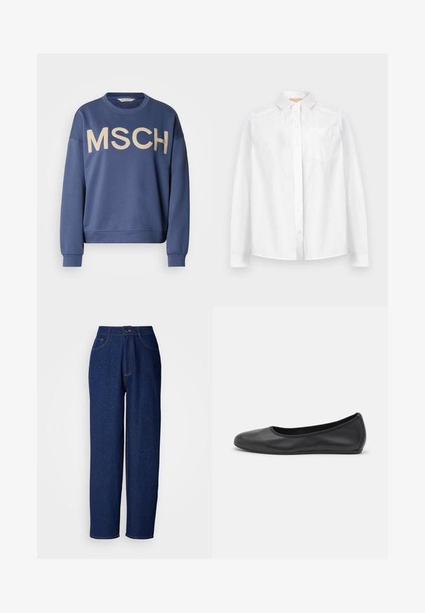 Blå sweatshirt med rund hals, lange ærmer og guldbroderet "MSCH" på forsiden. Blødt stof med en afslappet pasform.; Hvid langærmet skjorte med knapper, krave og brystlomme, vist mod en ensartet lys baggrund.; Mørkeblå denim bukser med vide ben og høj talje, prydet med orange syninger, forlommer og knaplukning. Glat tekstur med diskrete prikker.; Sort læderballetsko med rund tå, glat tekstur, minimal syning og et fleksibelt såldesign.
