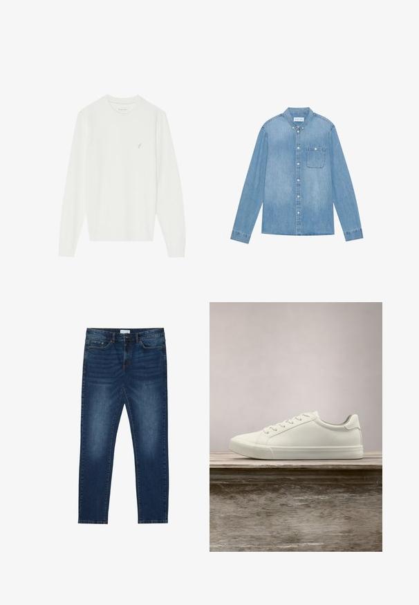 Pull blanc à manches longues en maille douce. Il présente un col rond et un petit motif d'oiseau brodé sur le côté gauche de la poitrine.; Chemise en denim bleu clair à boutons, manches longues, col pointu, poche poitrine unique et décoloration subtile sur le tissu.; Jean slim-fit bleu foncé avec des détails délavés, design classique à cinq poches, fermeture à bouton et passants de ceinture.; Sneaker en dentelle blanche flottant au-dessus d'un banc en bois avec un feuillage vert en arrière-plan, mettant en valeur le design et la texture de la chaussure.