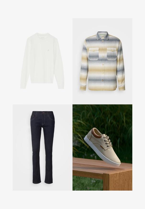 Hvid langærmet sweater lavet af blødt strikket materiale. Har en rund hals og et lille broderet fugledesign på venstre bryst.; Vevet skjorte med et ternet mønster i marineblå, grå og sennepsfarvede striber, med knaplukning foran og to brystlommer.; Mørkeblå denimjeans med lige ben, der har forlommer, knaplukning og subtile stikninger. Klassisk design.; Beige lærredssneaker med brune læderdetaljer, runde snører, hvid gummisål og tekstureret overflade, vist på en træoverflade.